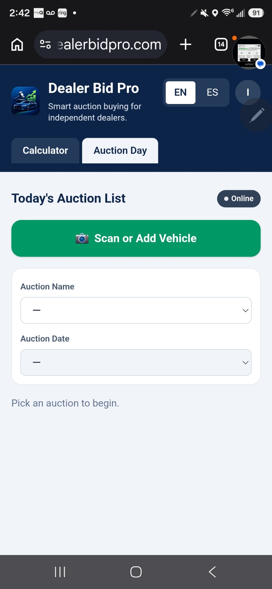 Dealer Bid Pro mobile VIN scanner with Scan or Add Vehicle button