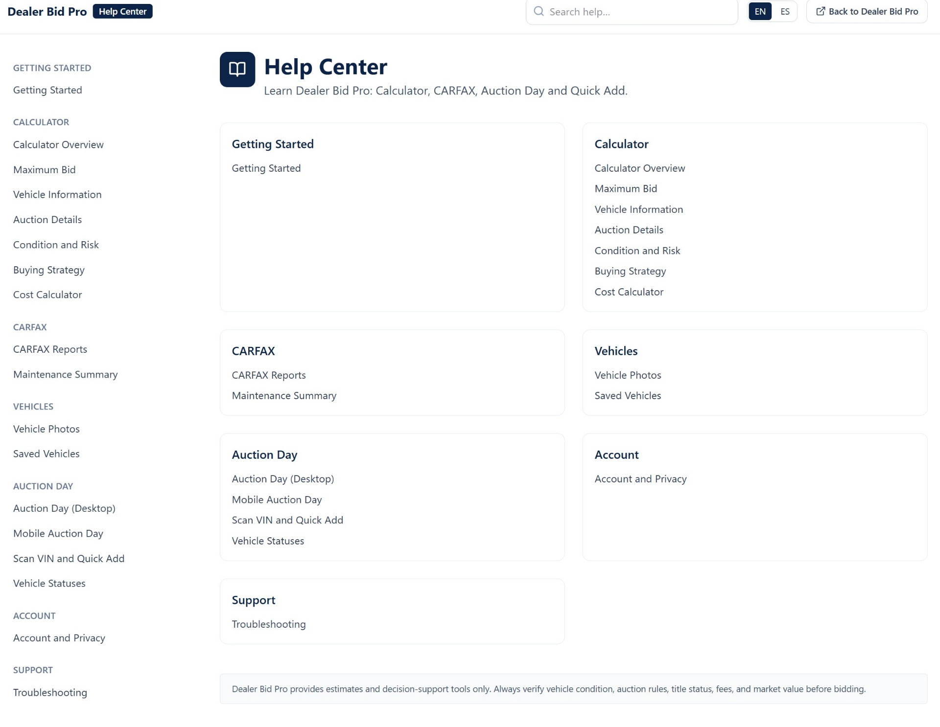 Dealer Bid Pro Help Center with categorized articles for Calculator, CARFAX, Vehicles, and Auction Day