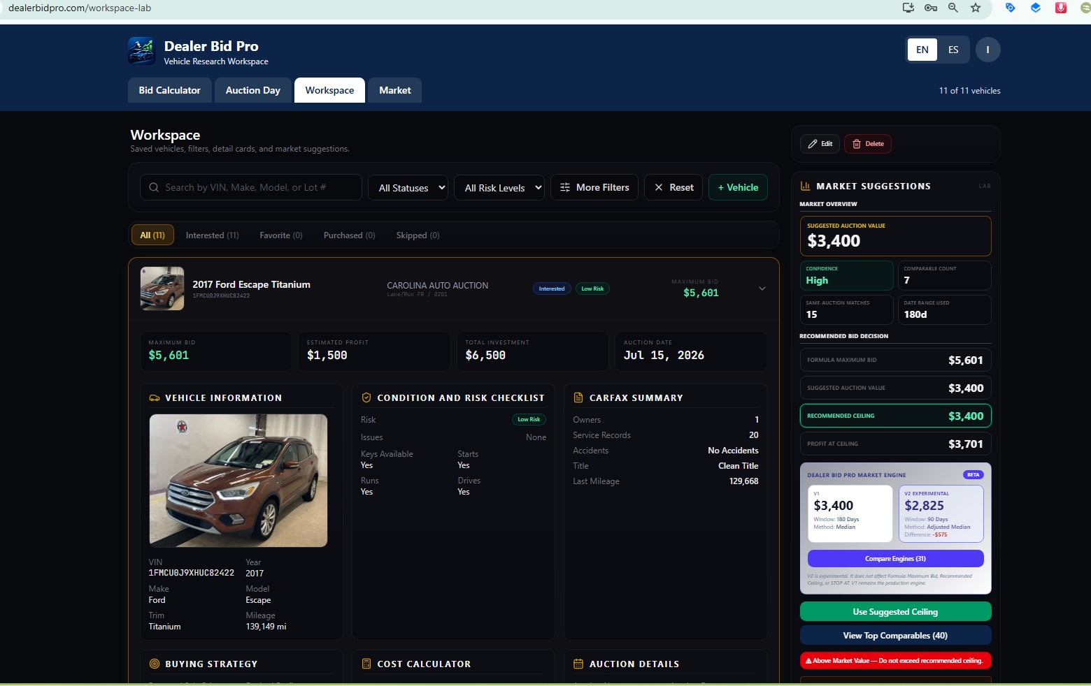 Dealer Bid Pro Vehicle Workspace