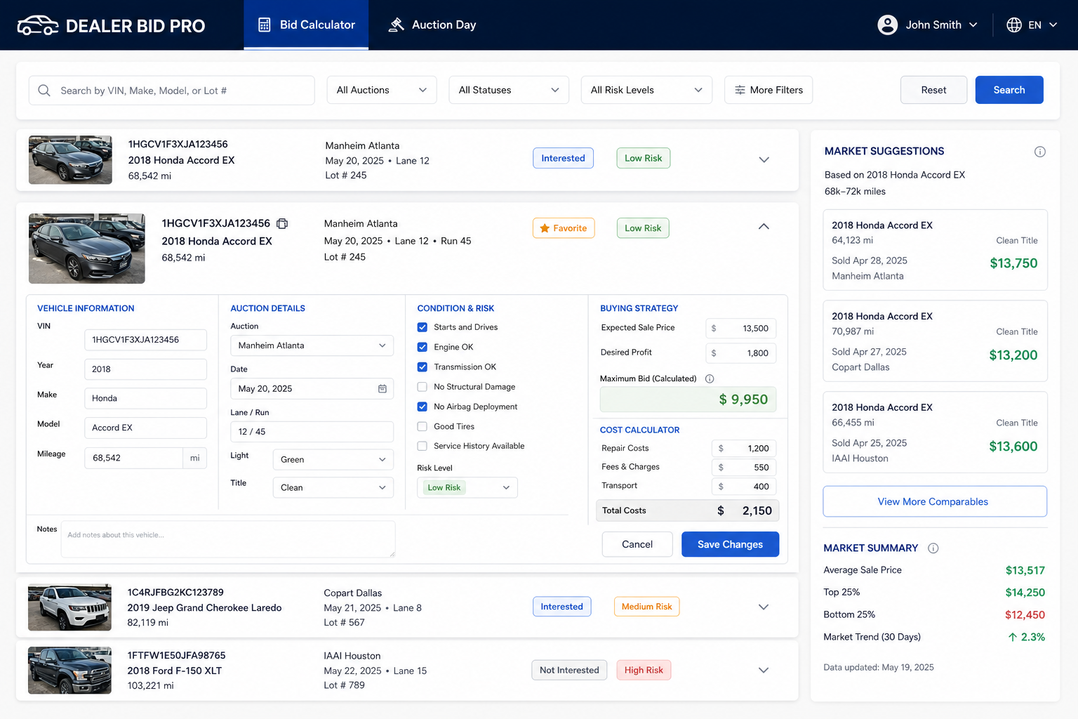 Dealer Bid Pro Bid Calculator interface showing vehicle details, auction information, and profit calculations